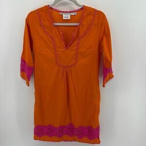 Gretchen Scott cotton lace embellished 3/4 sleeve tunic dress with pockets XS
